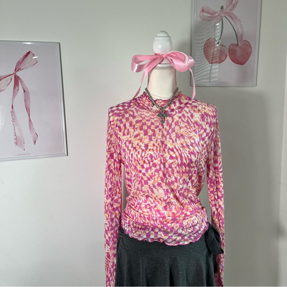 Free People Movement High Jump Printed Long‎ Sleeve Top Pink Combo Womens Large